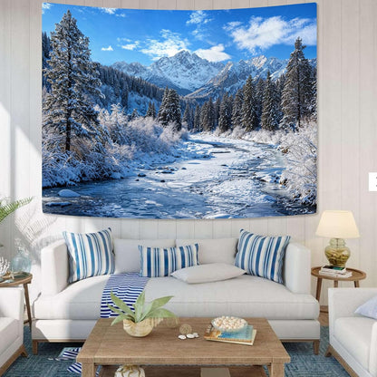 AMM Winter Forest Snow Mountain Tapestry Snowy Pine Tree Woodland Tapestry for Bedroom Aesthetic