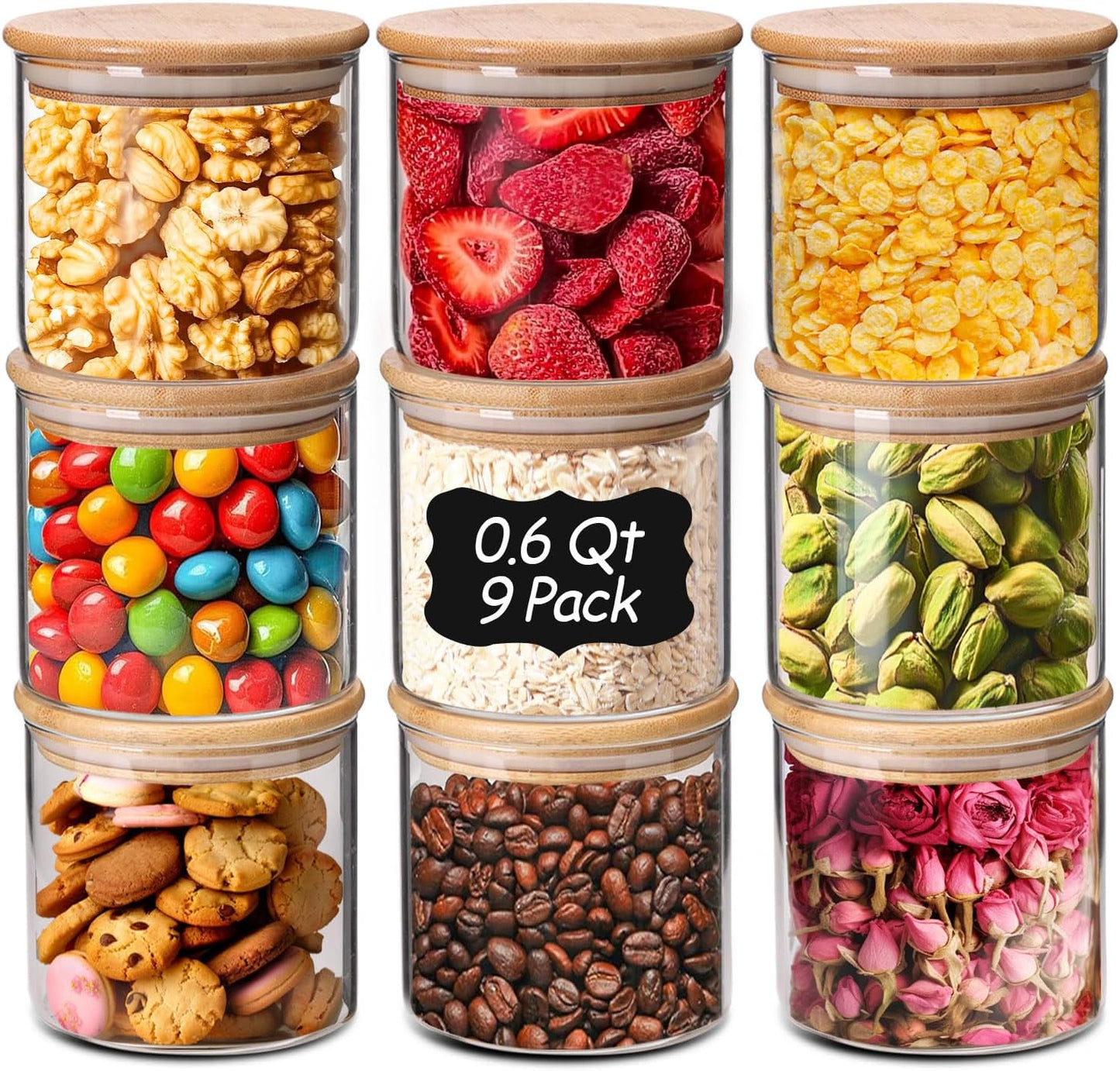 ComSaf 0.6 Qt Glass Food Storage Jars Set of 9, Clear Glass Storage Containers with Lids, Pantry