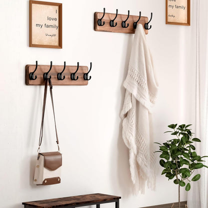 Dseap Wall Mounted Coat Rack: Patented, Heavy-Duty, 17.4" Long 5-Double-Hooks Wooden Hanger Rail