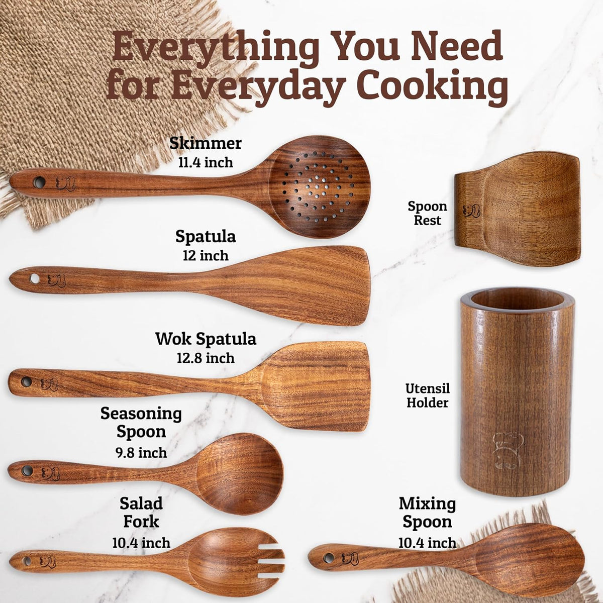 PriorityChef Premium Wooden Spoons for Cooking - 6pc with Utensil Holder, Spoon Rest and Hanging