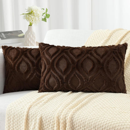 decorUhome Throw Pillow Covers 12x20 Inch Set of 2, Soft Plush Decorative Faux Fur Dark Brown Solid