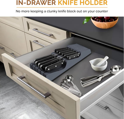 In-Drawer Knife Block - Bamboo Knife Drawer Organizer for Kitchen - Fits 5 Long + 6 Short Knives