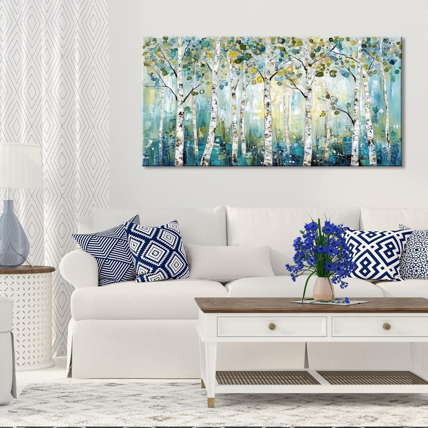 LASMOND Abstract Teal Grove Canvas Paintings Prints Modern Tree Wood Artwork Decor Wall Art for
