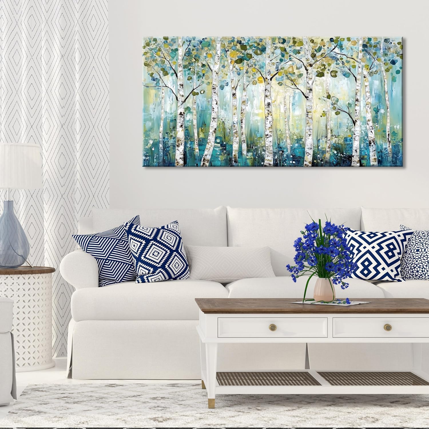 LASMOND Abstract Teal Grove Canvas Paintings Prints Modern Tree Wood Artwork Decor Wall Art for