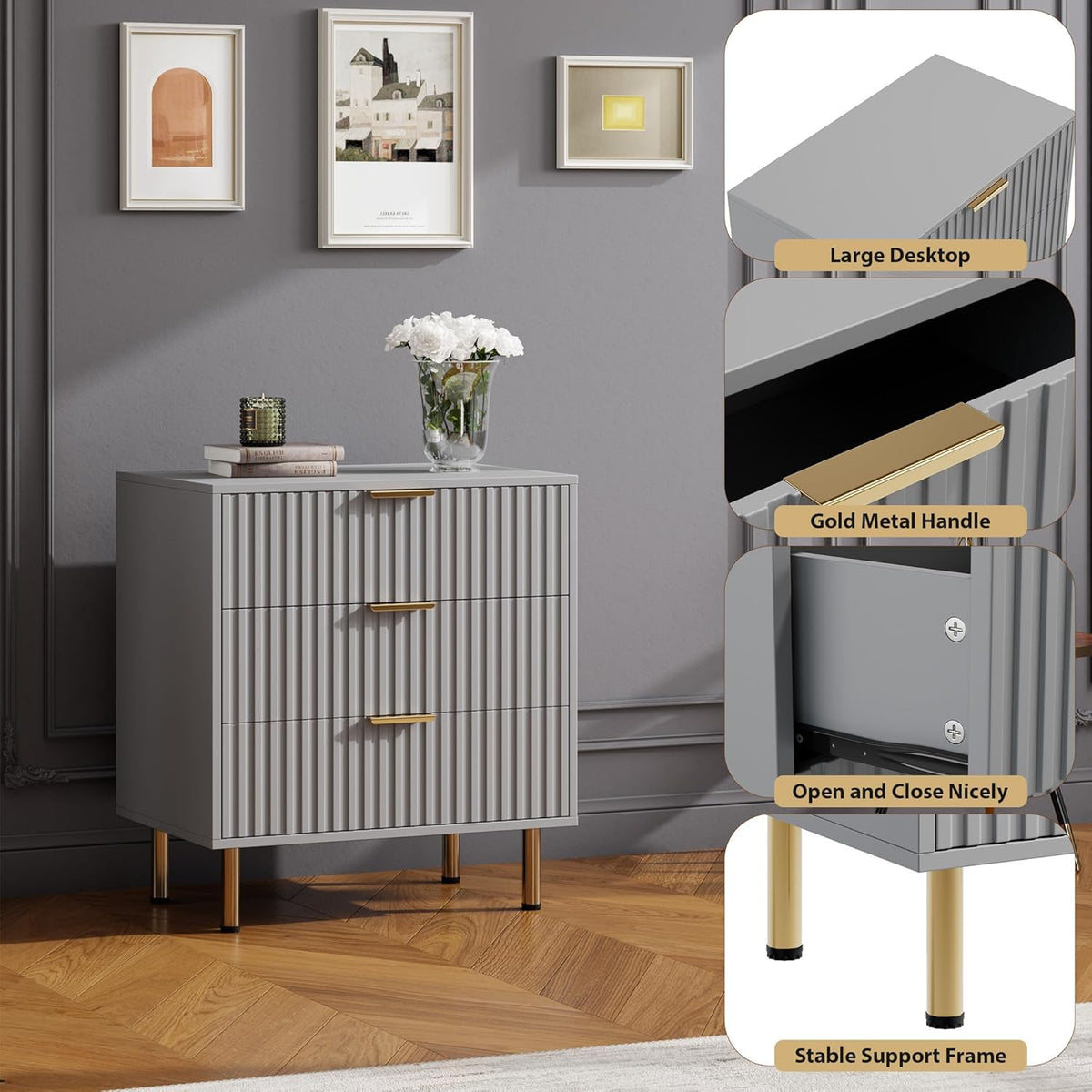 3 Drawer Dresser for Bedroom, Fluted Modern Nightstand with Deep Drawers, Chest of Drawers with