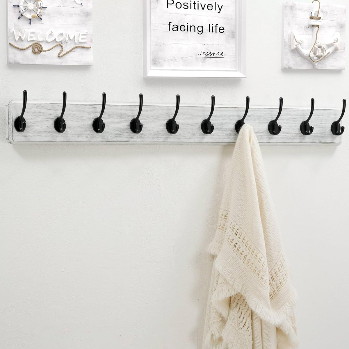 Dseap Coat Rack Wall Mount: 38-1/4" Long, Patented, Heavy-Duty, 10-Double-Hooks Wooden Hanger Rail