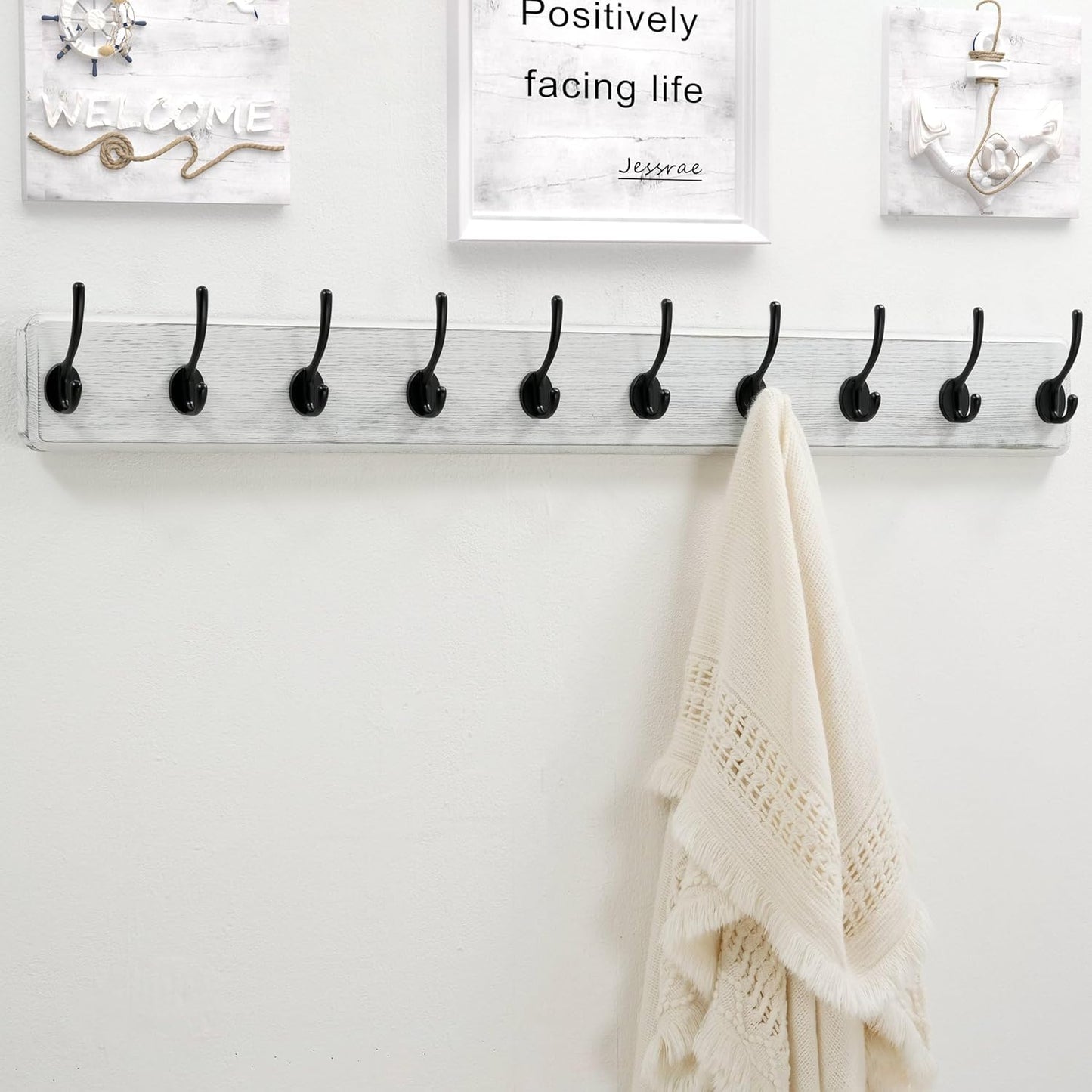 Dseap Wall Mounted Coat Rack: 38-1/4" Long, Patented, Heavy-Duty, 10-Double-Hooks Wooden Hanger
