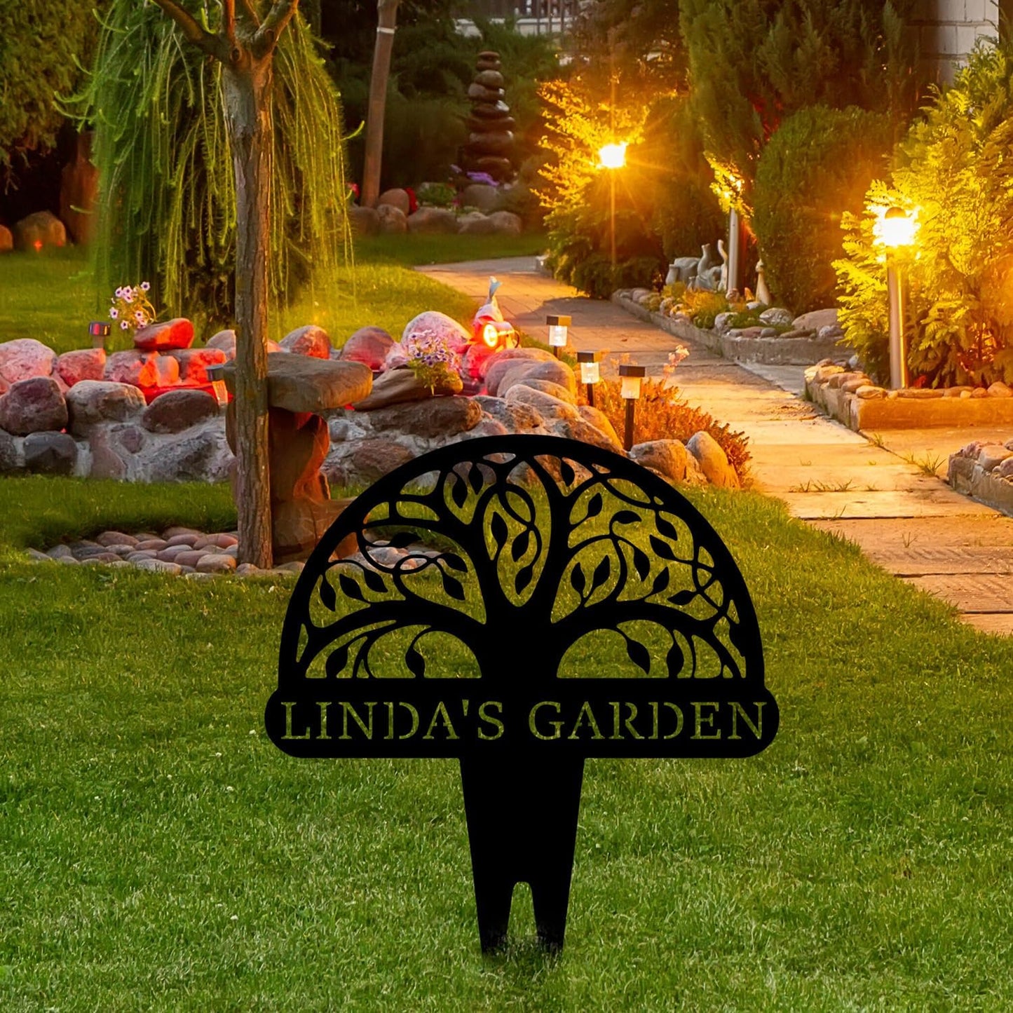 Personalized Tree of Life Metal Garden Sign with Stake, Custom Family Name Sign for Outdoor, Nature