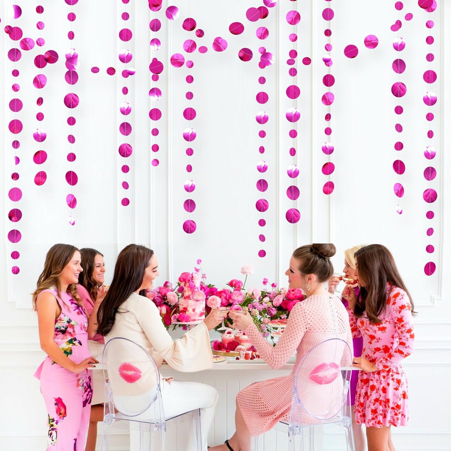 Hot Pink Party Decorations Circle Dots Garland Metallic Rose Pink Hanging Paper Polka Dots Streamer