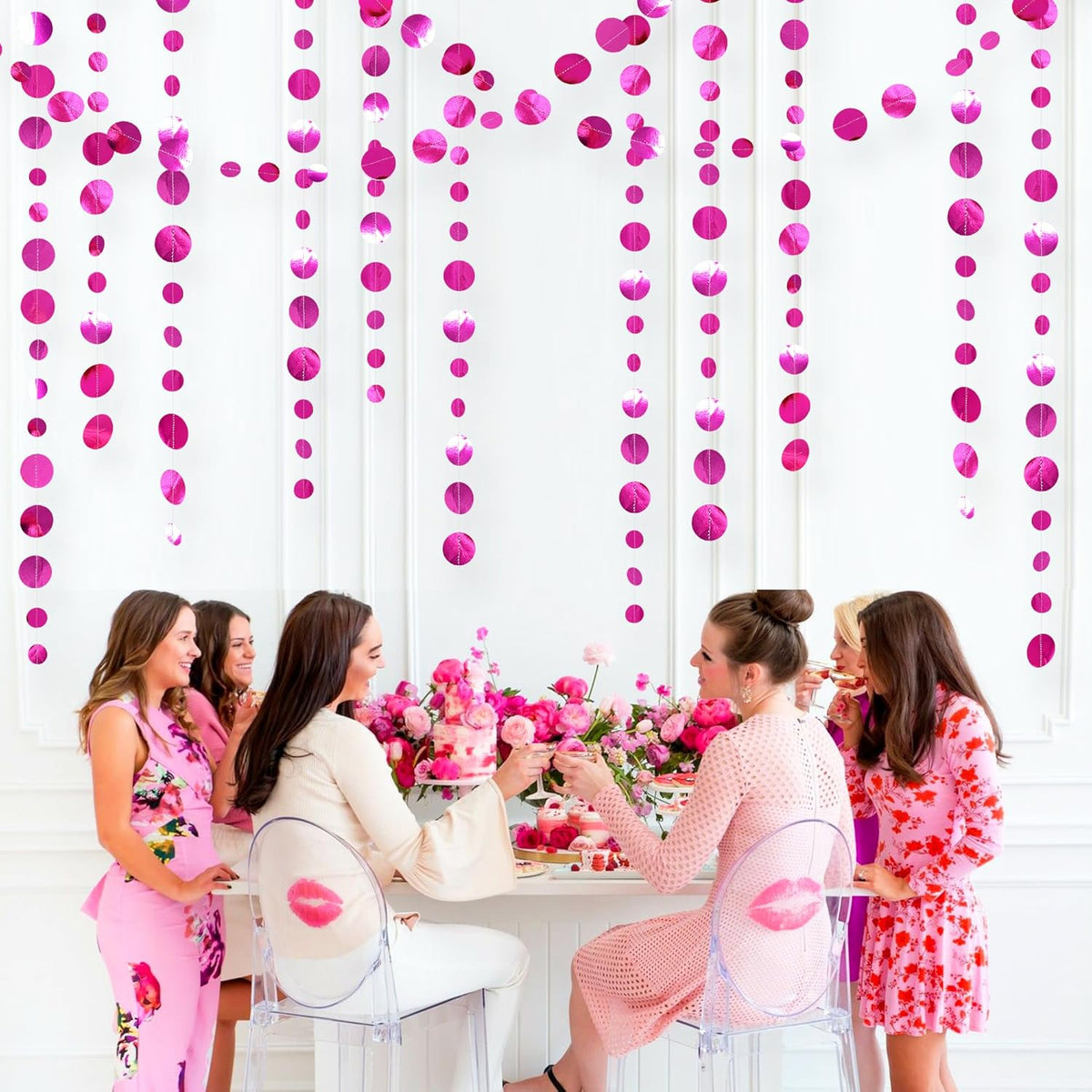 Hot Pink Party Decorations Circle Dots Garland Metallic Rose Pink Hanging Paper Polka Dots Streamer