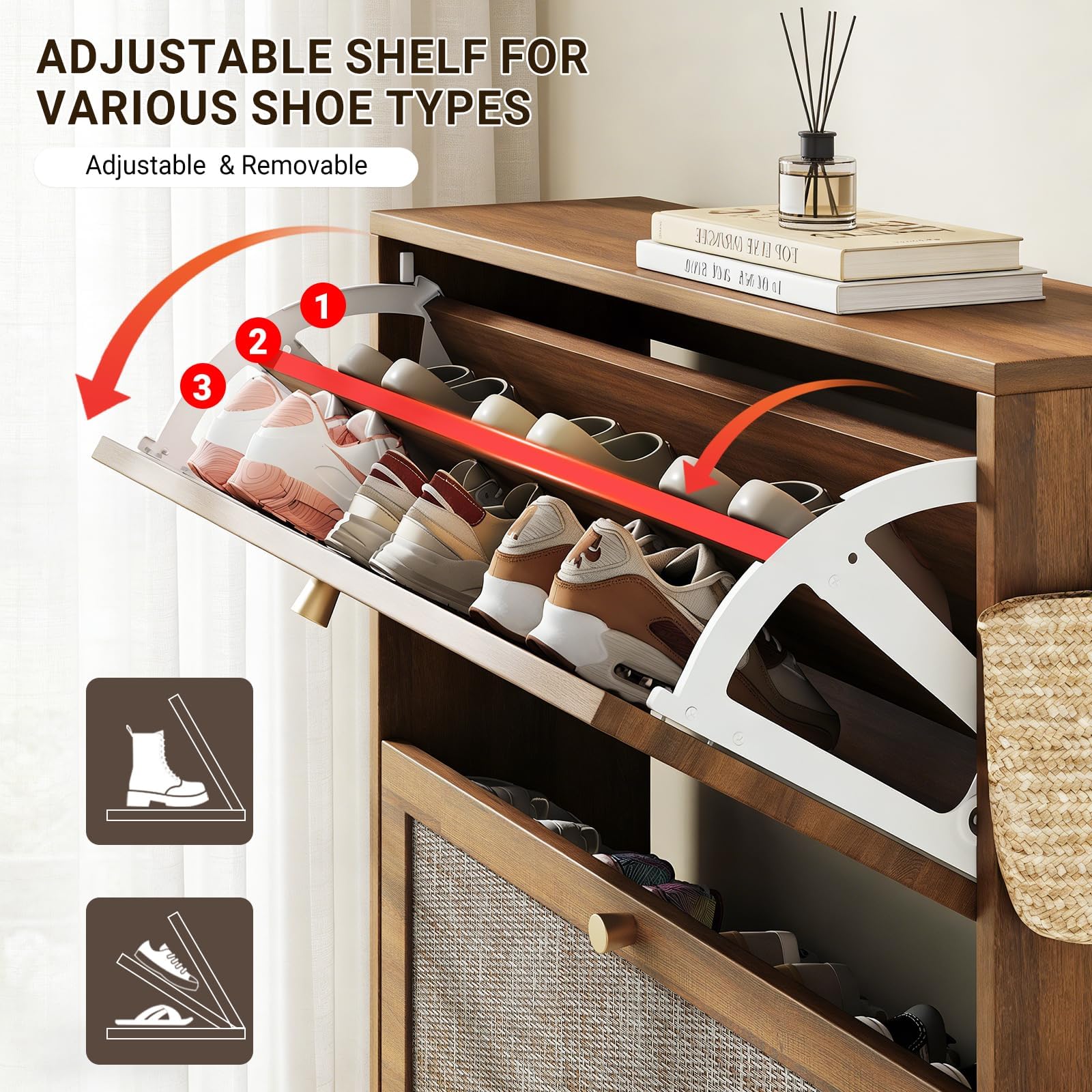 Nicetree Rattan Arched Accent Shoe Storage Cabinet - Freestanding Ultra Slim for Entryway, 3 Flip