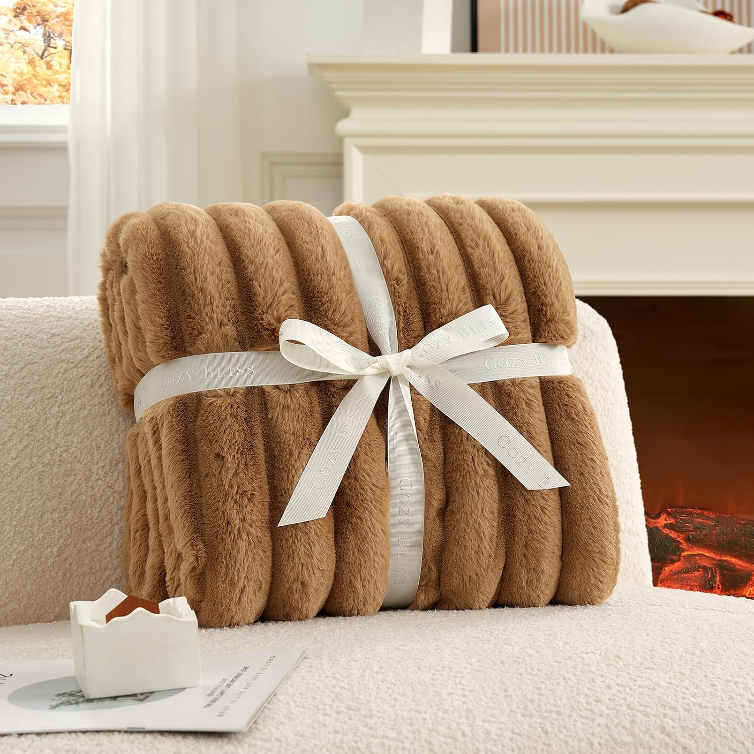 Cozy Bliss Faux Fur Throw Blanket for Couch, Cozy Warm Plush Striped Blanket for Sofa Bedroom