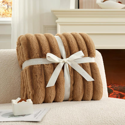 Cozy Bliss Faux Fur Throw Blanket for Couch, Cozy Warm Plush Striped Blanket for Sofa Bedroom