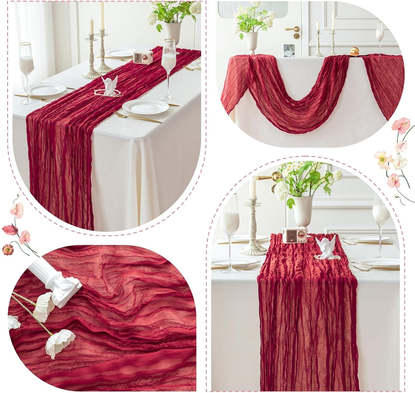 Sioloc Burgundy Red Cheesecloth Table Runner Fall Autumn Decor for Home 10ft Table Cloth for