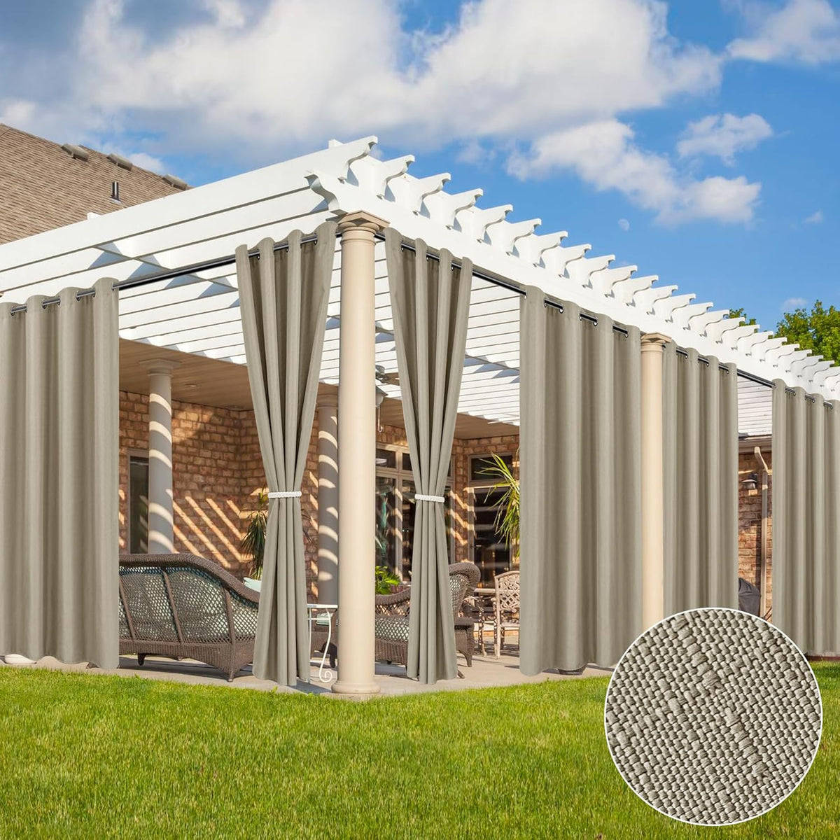 HolidayIdeas 6 Panels Linen Outdoor Curtains for Patio Waterproof Taupe Outside Curtains