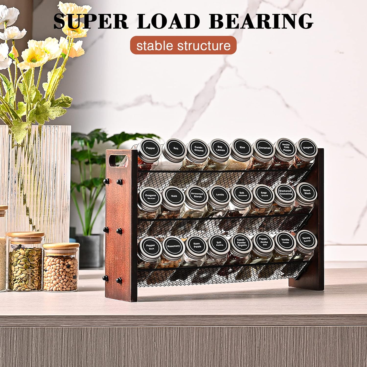 Spice Rack, Spice Rack Organizer without Seasoning Jars, Wooden Rustic 3 Tier Kitchen Spice