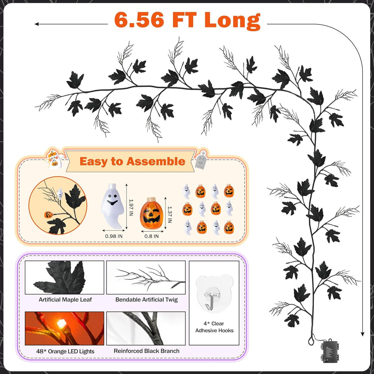 Halloween Lighted Willow Vine Twig Decoration, 6.56 FT Light up Garland Battery Operated with