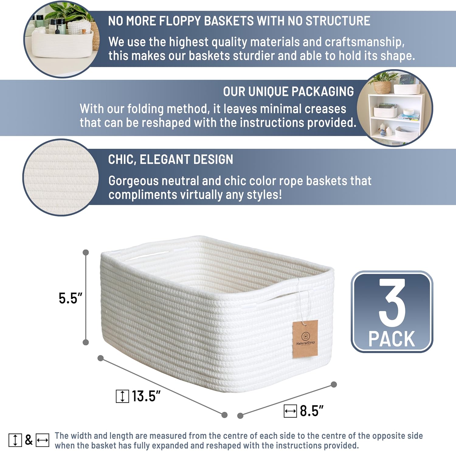 NaturalCozy 13.5”x8.5”x5.5” Storage Baskets for Shelves 3 Pack | Cotton Rope Woven Small Baskets
