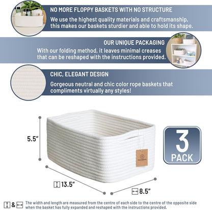 NaturalCozy 13.5”x8.5”x5.5” Storage Baskets for Shelves 3 Pack | Cotton Rope Woven Small Baskets