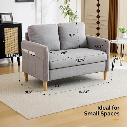 VINGLI 47" Small Couch, Linen Loveseat Sofa Light Grey Mini Couch Mid Century Modern Decor Love