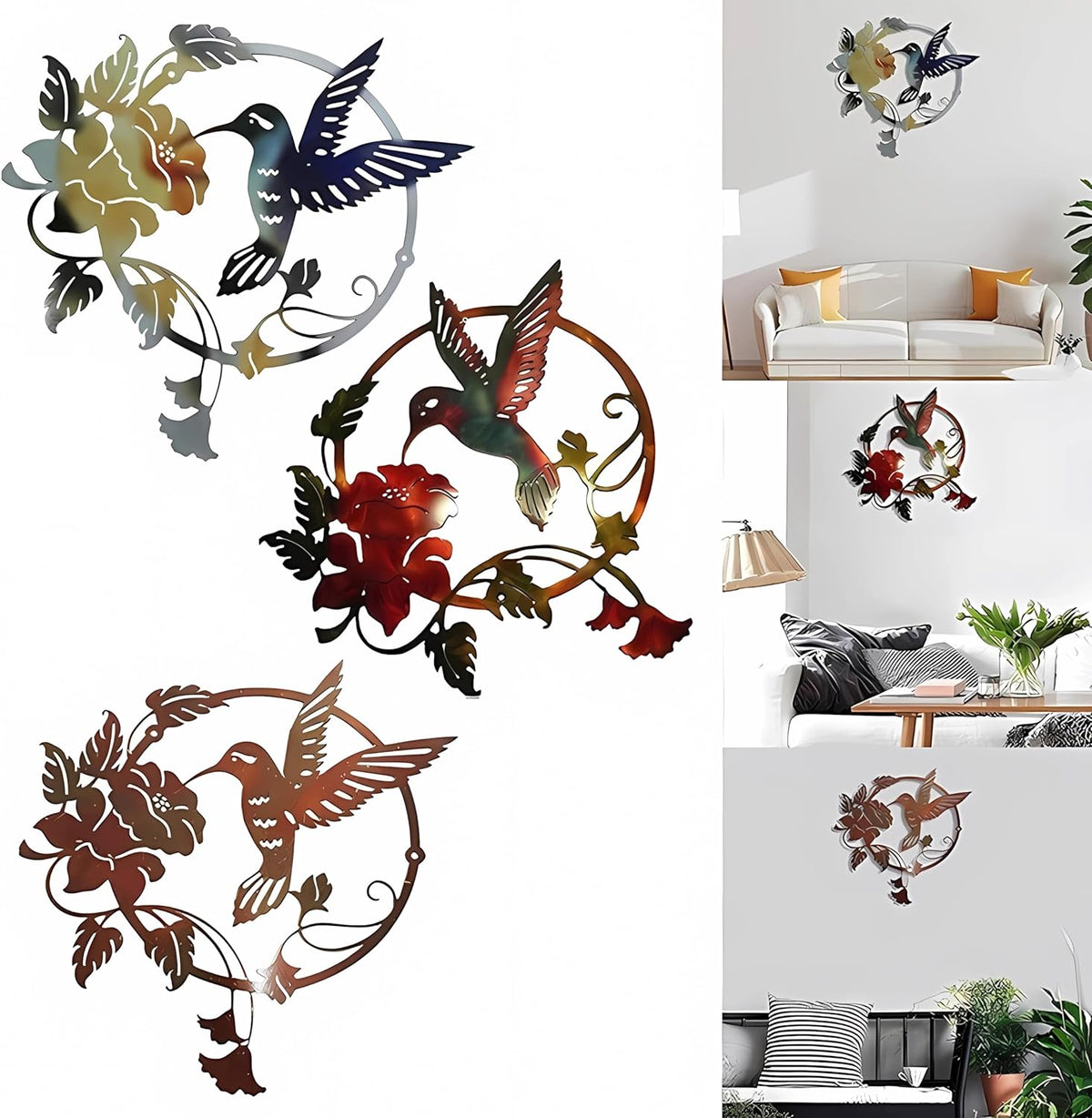 Zoihet Round Metal Bird Wall Art Decor - Hummingbird Wall Art Silhouette for your patio, garden