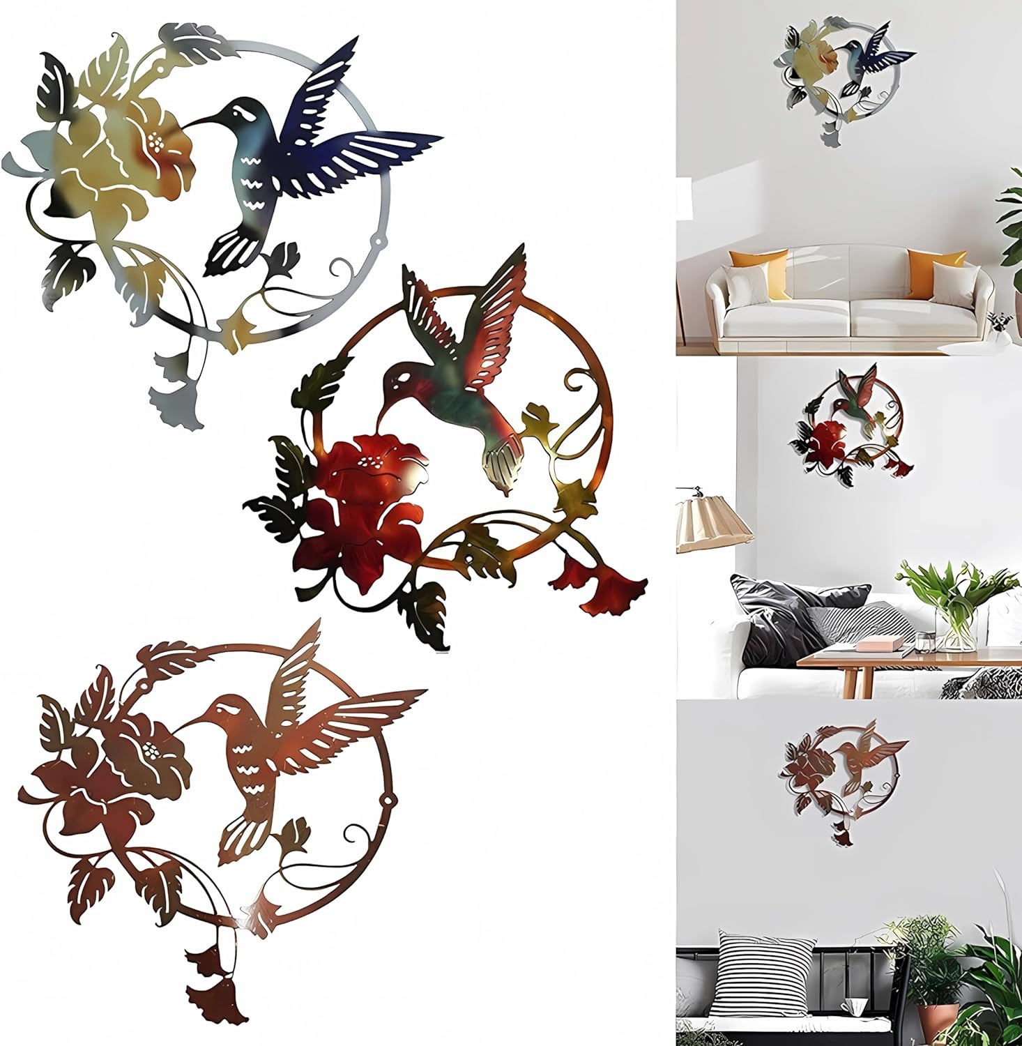 Zoihet Round Metal Bird Wall Art Decor - Hummingbird Wall Art Silhouette for your patio, garden
