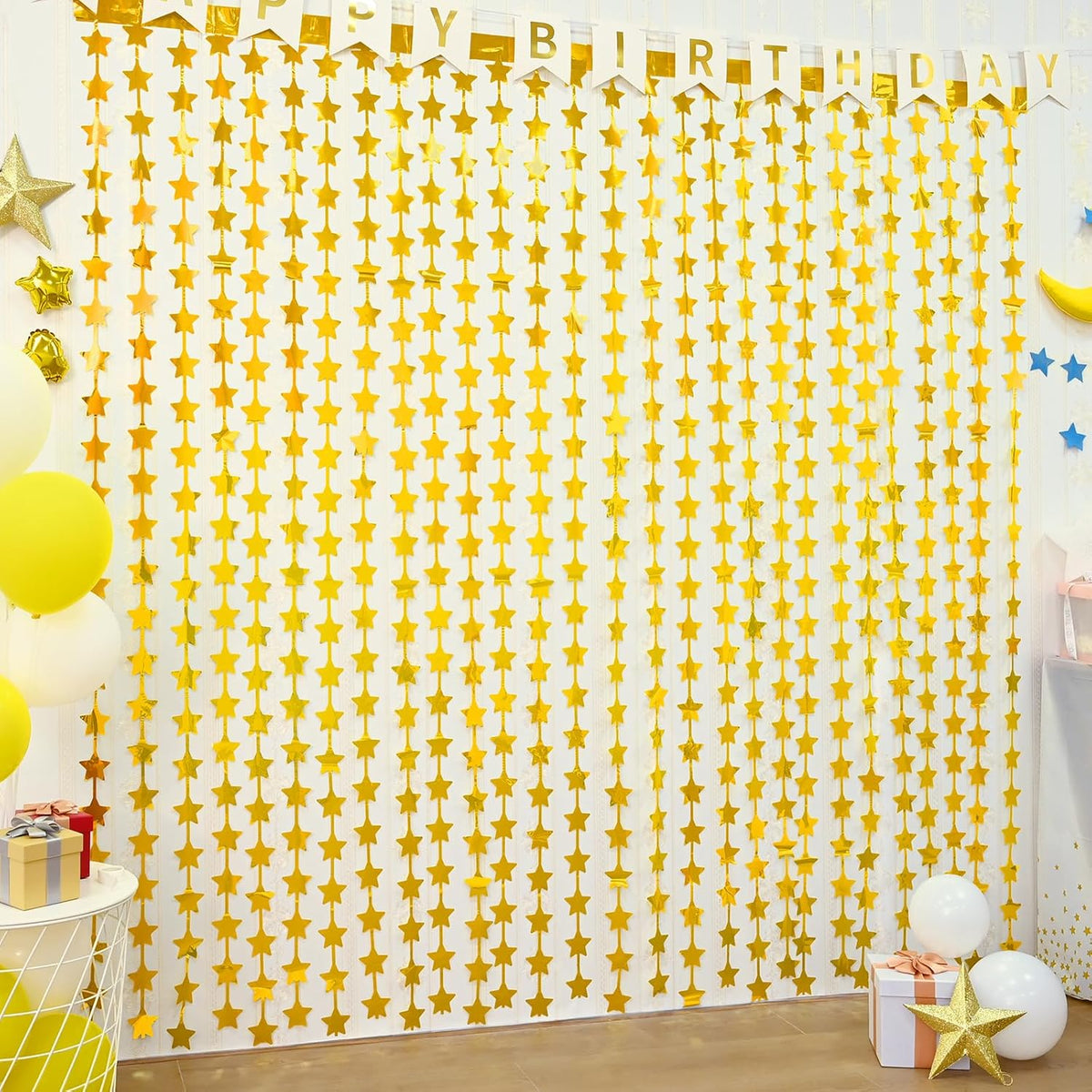 LOLStar 2 Pack Gold Stars Birthday Decorations 3.3X6.6 ft Golden Party Backdrop Foil Fringe