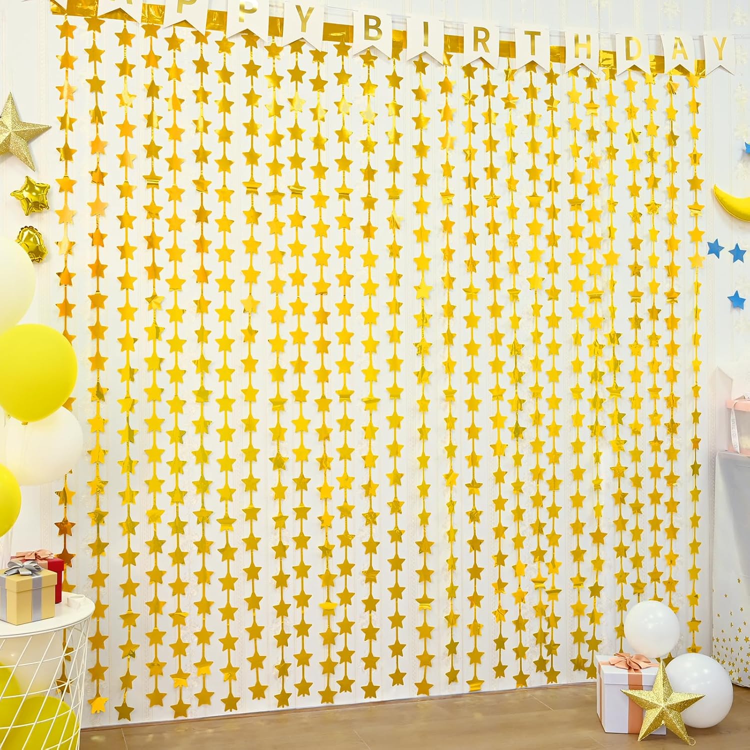 LOLStar 2 Pack Gold Stars Birthday Decorations 3.3X6.6 ft Golden Party Backdrop Foil Fringe