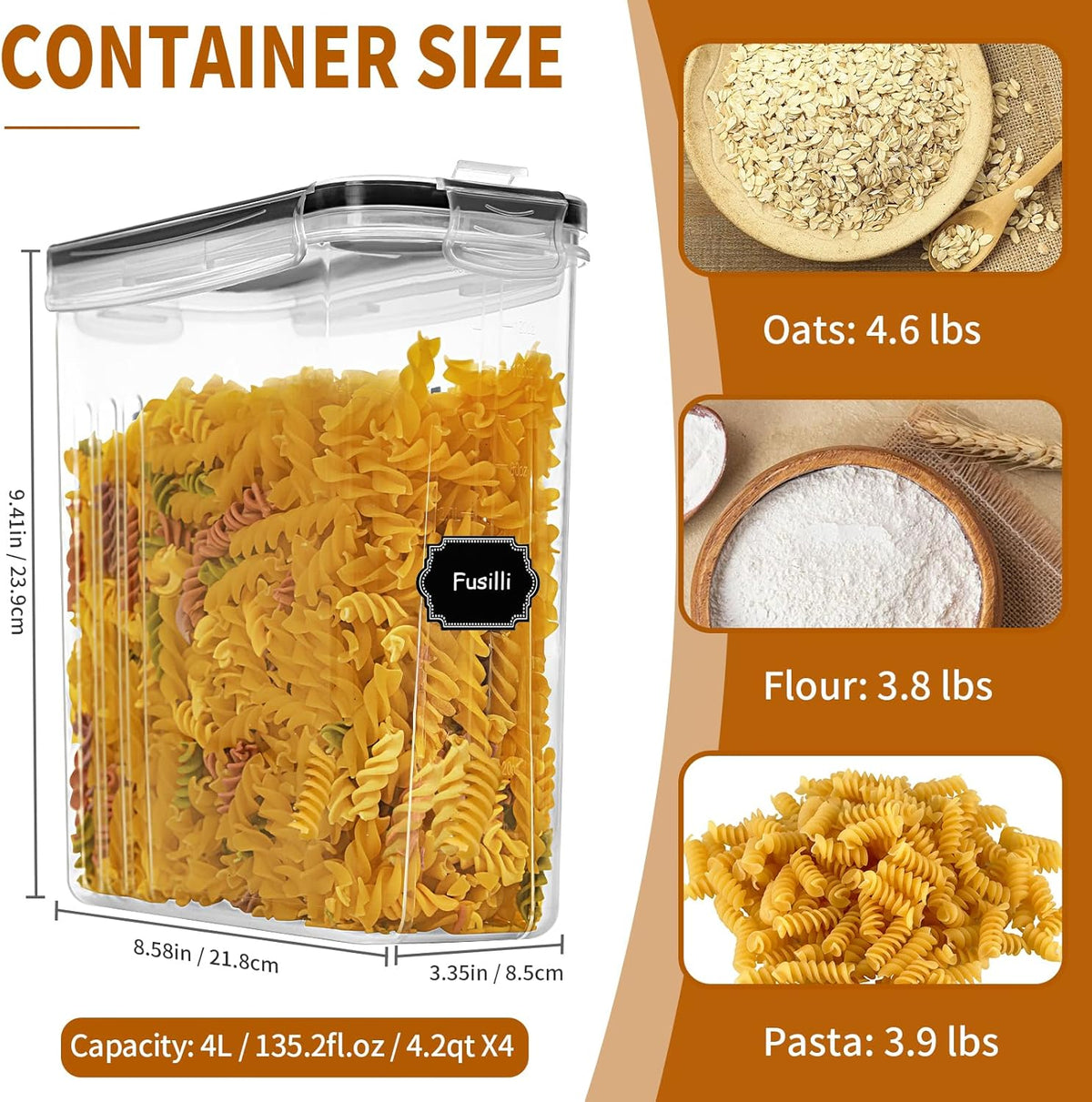 Cereal Containers Storage Set (4L / 135.2oz), 4PCS Airtight Food Storage Containers with Lids