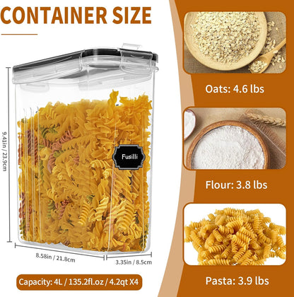 Cereal Containers Storage Set (4L / 135.2oz), 4PCS Airtight Food Storage Containers with Lids