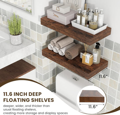 Deep Floating Shelves, 12 Inch Deep Rustic Floating Shelves Set of 2, 24 Inch Large Wall Mounted