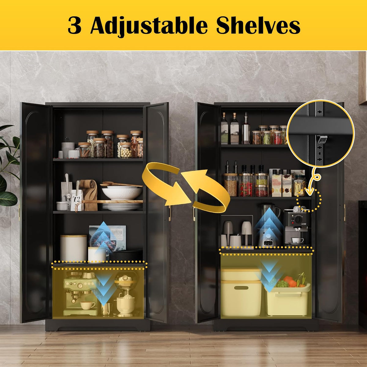 Metal Kitchen Storage Cabinets,60”Pantry Cabinet with Doors and 4 Adjustable Shelves,Tall Black