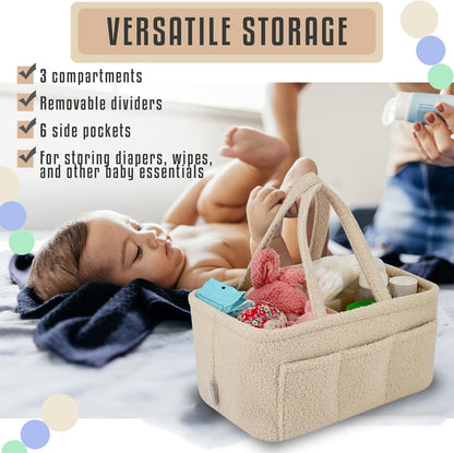 Baby Diaper Caddy Organizer – Soft Beige Sherpa with 3 Removable Compartments & 6 Side Pockets