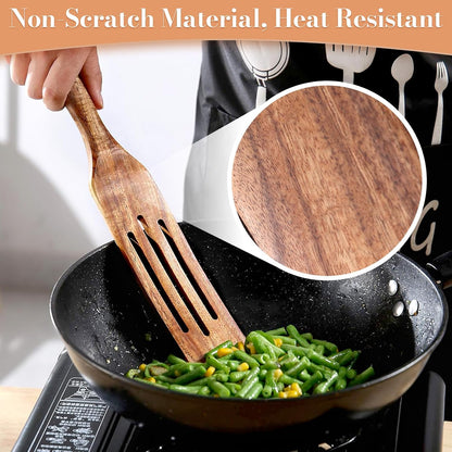 5 Pcs Wooden Spurtle Set, Natural Teak Kitchen Utensil Set Heat Resistant Non-Stick Wooden Spoons