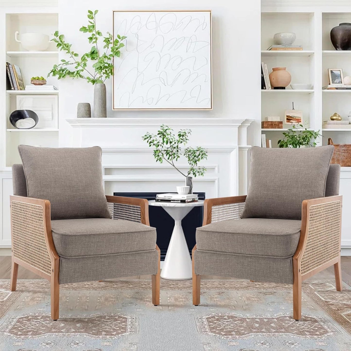 HAOBO Home Mid Century Modern Accent Chair Upholstered Living Room Chairs Armchair with Rattan