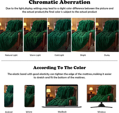 NEWCOSPLAY Faux Fur Twin Blanket Dark Green 3D Ribbed Plush Thick Warm Blanket for Couch Sofa Bed