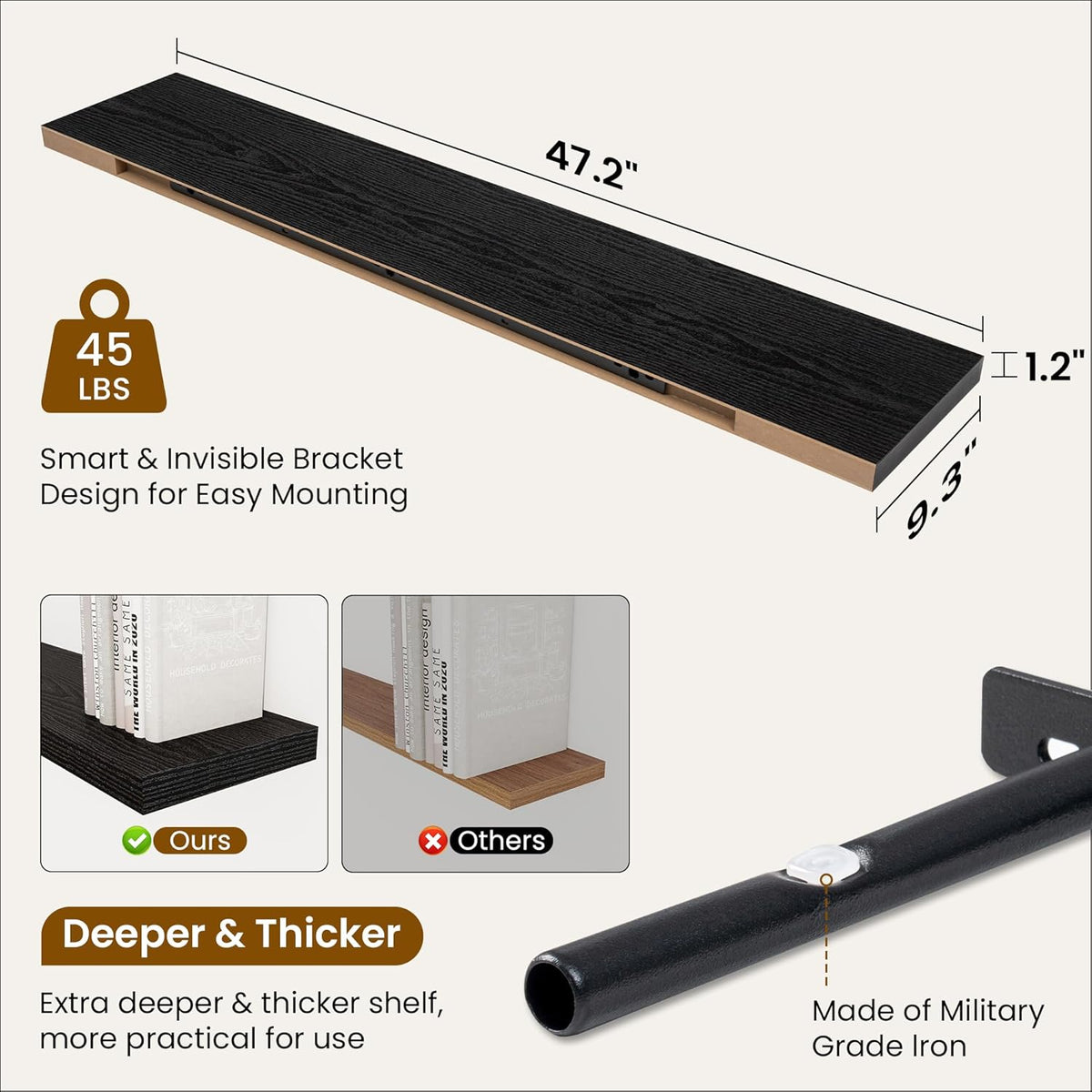 Fun Memories 48 Inch Deep Floating Shelves for Wall, 2 Pack of Long Wall Mounted Wood Shelves with