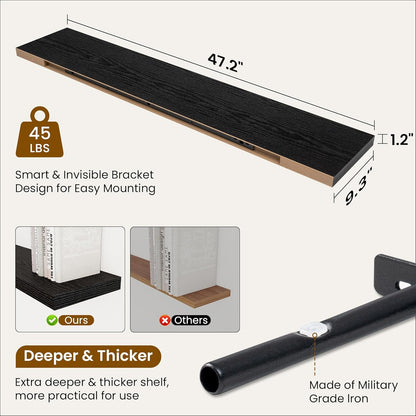 Fun Memories 48 Inch Deep Floating Shelves for Wall, 2 Pack of Long Wall Mounted Wood Shelves with