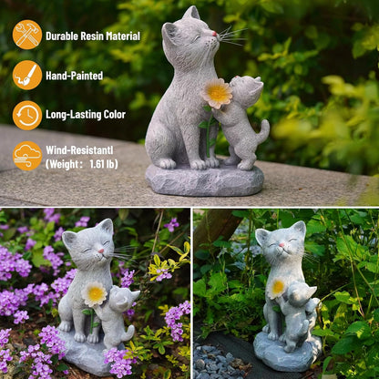 Solar Cat Garden Statue Outdoor Decor - Mother & Kitten Figurines with Flower LED Light, Outside