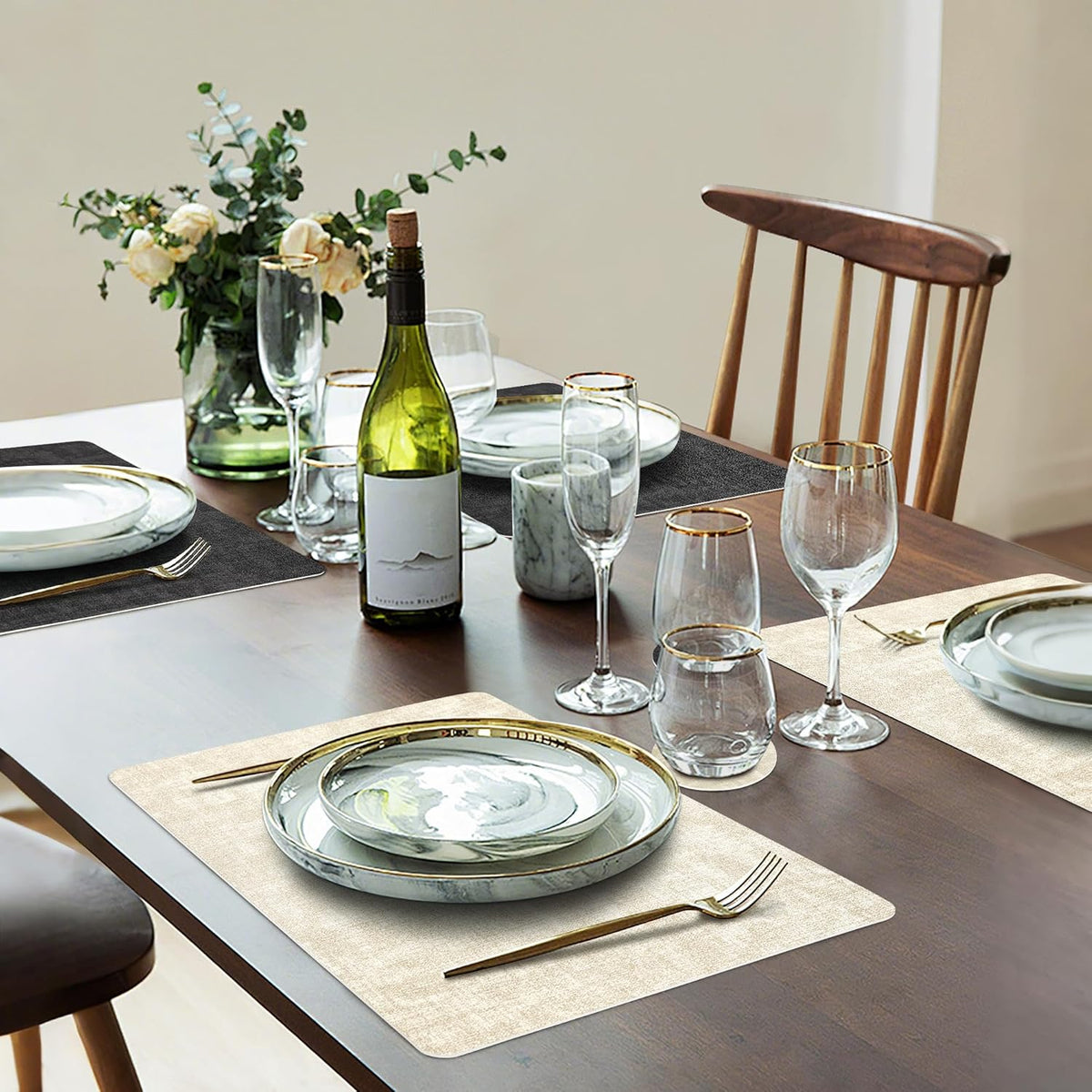 Faux Leather Dual Sided Placemats Set of 4, Square Non-Slip Heat Resistant Placemats with Coaster
