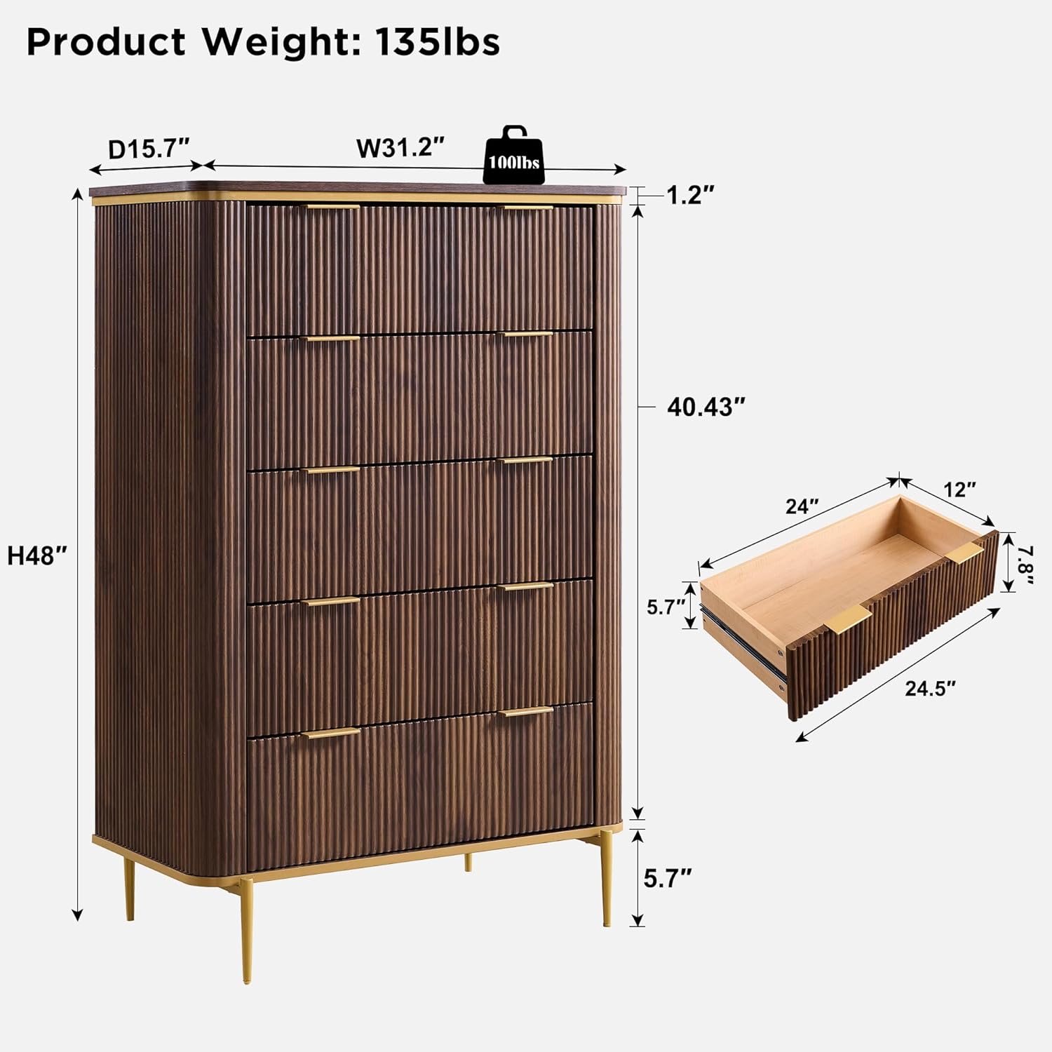 T4TREAM Fluted 5 Drawers Dresser for Bedroom, 48" Tall Modern Dresser Chest of Drawers, Gold