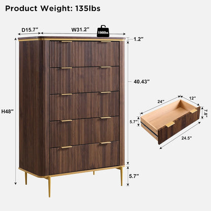 T4TREAM Fluted 5 Drawers Dresser for Bedroom, 48" Tall Modern Dresser Chest of Drawers, Gold