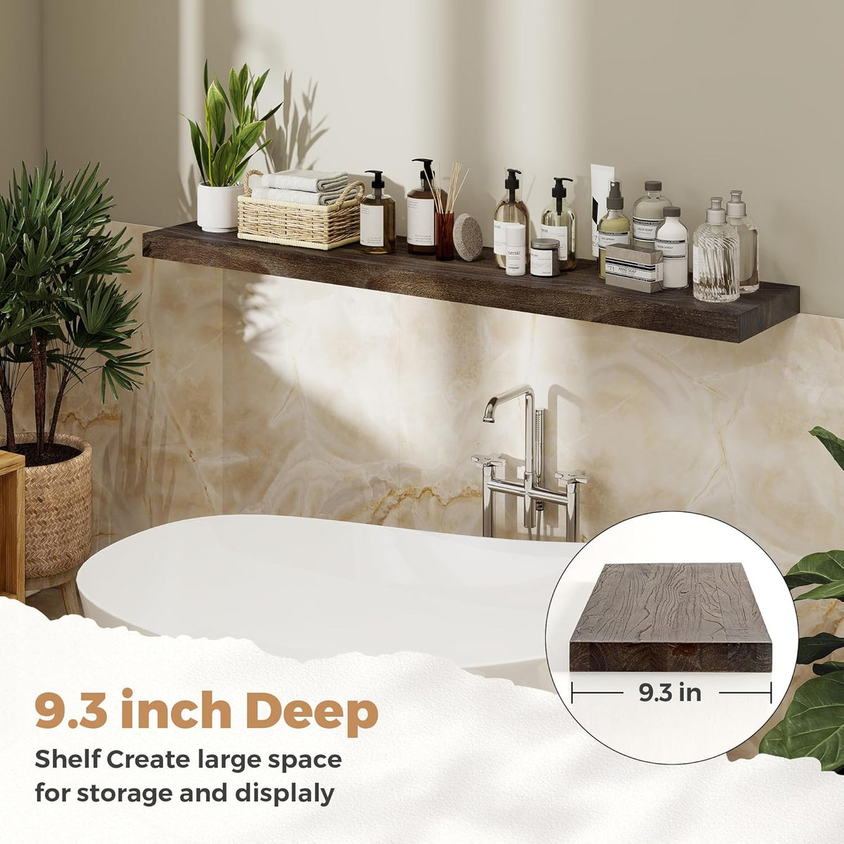 RICHFOCUS Elm Floating Shelves for Wall - 48" W x 9.3" D Rustic Solid Wood Shelves with Invisible