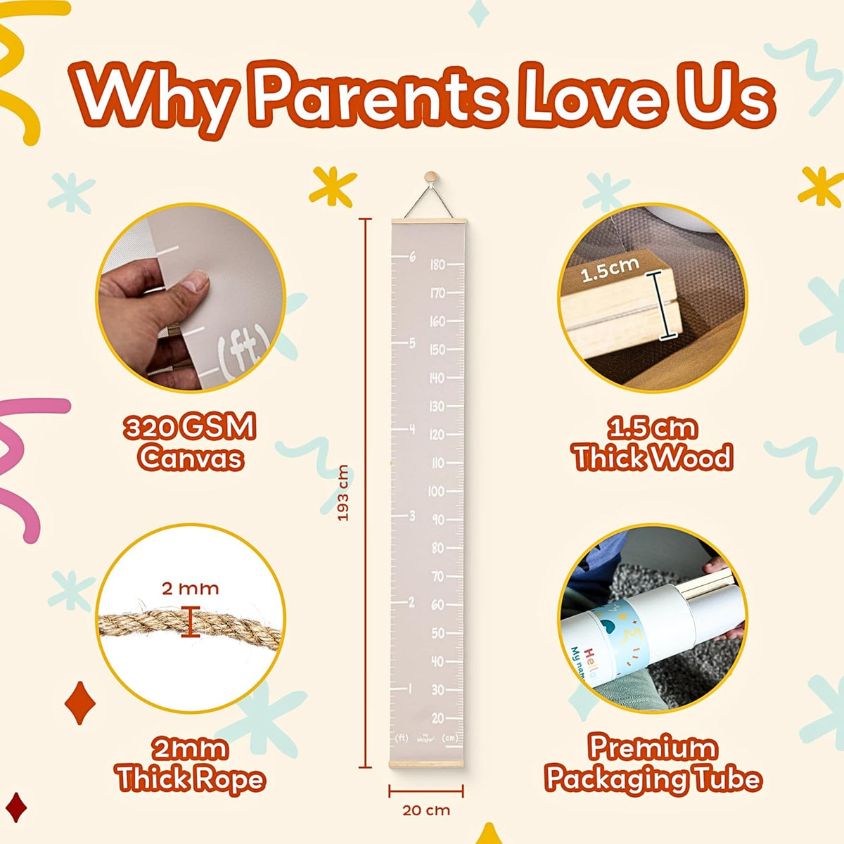 Height Chart for Kids Customizable Kids Height Wall Chart with Stickers, Marker & Hook Hanging
