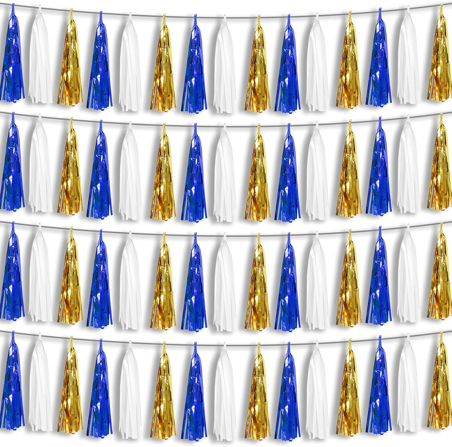 4P Navy-Blue White-Gold Foil Fringe Metallic Tassel-Garland, Tassels Banner Streamers for Parade