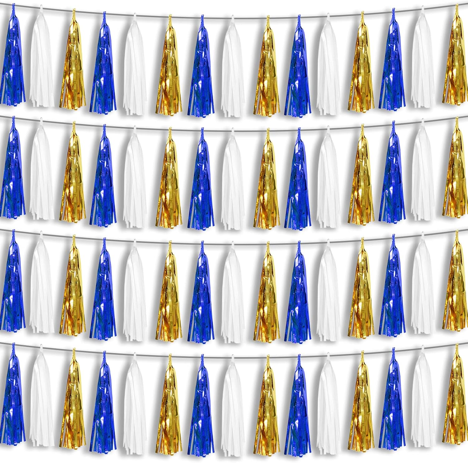 4P Navy-Blue White-Gold Foil Fringe Metallic Tassel-Garland, Tassels Banner Streamers for Parade