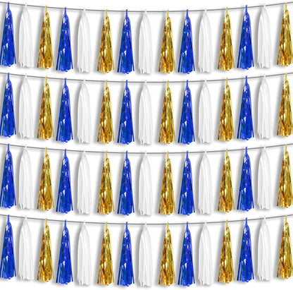 4P Navy-Blue White-Gold Foil Fringe Metallic Tassel-Garland, Tassels Banner Streamers for Parade
