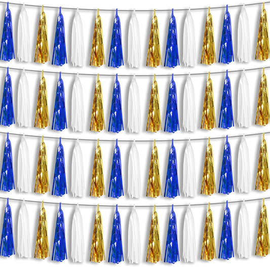 4P Navy-Blue White-Gold Foil Fringe Metallic Tassel-Garland, Tassels Banner Streamers for Parade