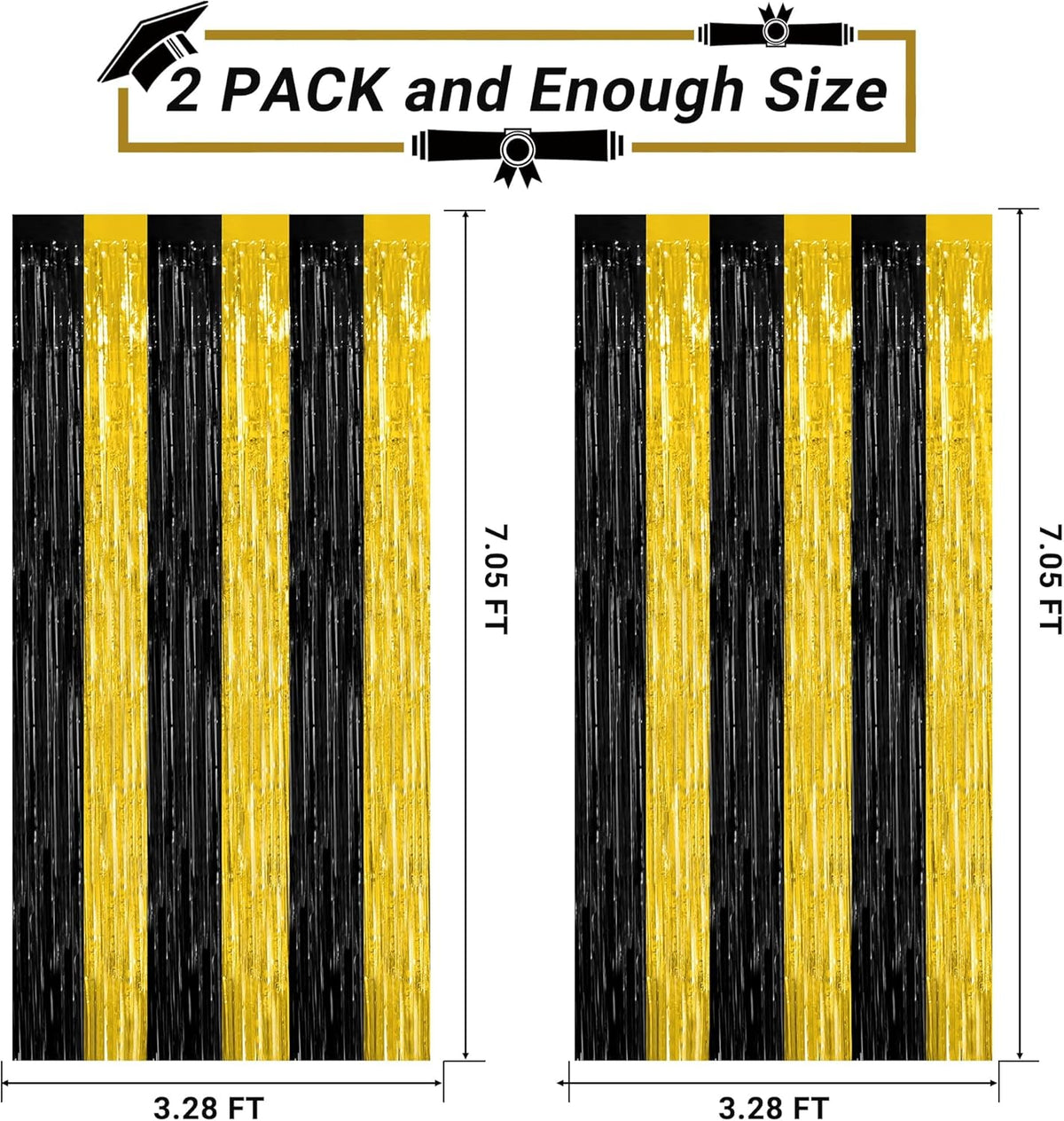 2 Pack Graduation Backdrop, 3.28 FT x 7.05 FT Black and Gold Foil Fringe Curtains, Metallic Foil