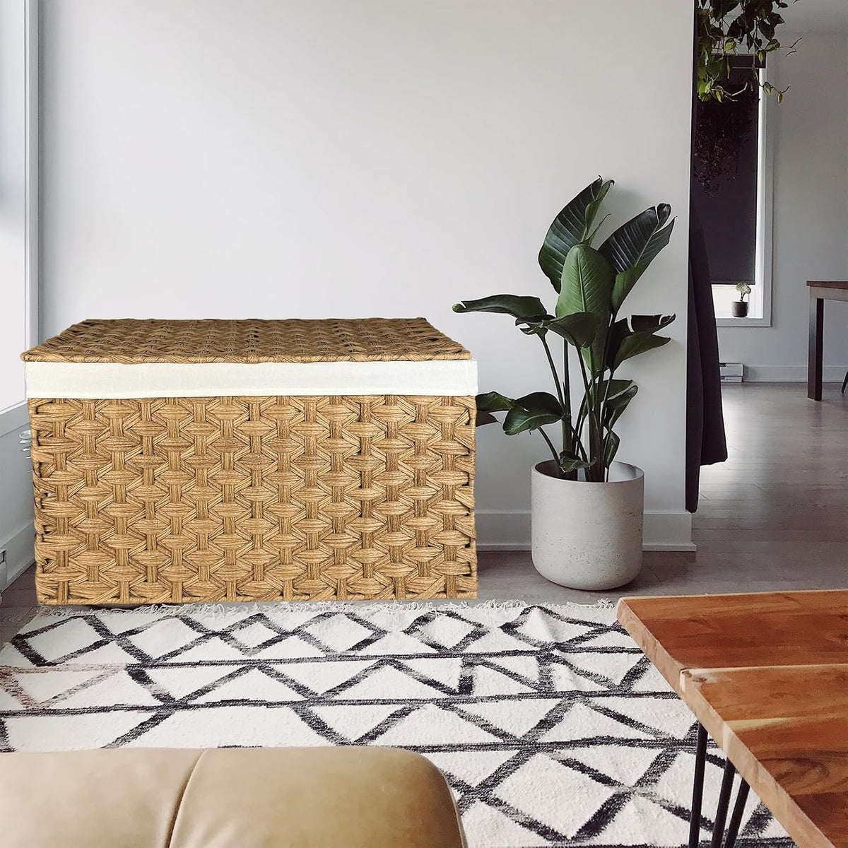 Wicker Storage Basket with Lid, 42.3 Gallon (160L) Large Blanket Basket with Lid, Woven Storage Bin